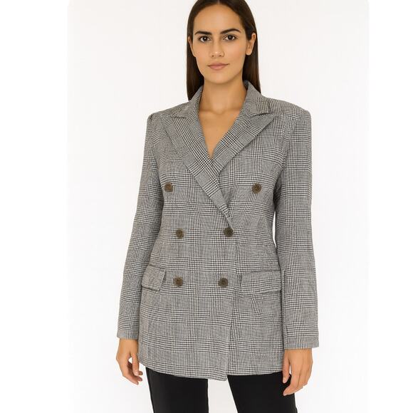 Lauren Ralph Lauren houndstooth/plaid wool & silk blend blazer jacket Navy/beige - Picture 1 of 8